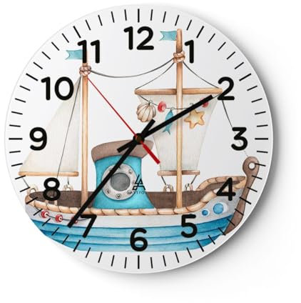 ARTTOR Orologio da Parete in Vetro Nave Bambini Nautico 40x40cm Piccolo Moderno Orologio da Muro Per Casa Cucina Soggiorno Silenzioso Wall Clock Decorazione Orologio da Appendere - C4AR40x40-5533
