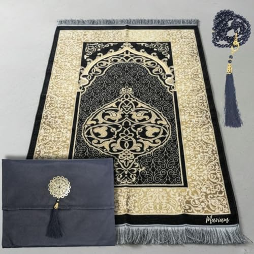 Luminoza Gebetsteppich mit Namen schwarz Islam Geschenkset mit Gebetskette und Tasche to go | Muslimische Ramadan | Dekoration Islam | Islamische Geschenke | Prayer mat Carpet (Schwarz)