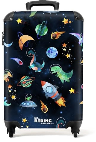 NoBoringSuitcases.com Kinderkoffer, Kinderkoffer Jungen, Koffer Kinder, Reisekoffer, Rollkoffer, Kindertrolley Jungen, Handgepäck Koffer, Handgepäck 55x40x20 cm (Dinos, Weltraum - Dunkelblau)