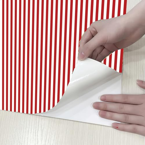 GLOW4U Carta da parati in vinile a righe rosse e bianche, 45 x 300 cm, pellicola adesiva per mensole per mobili e pareti