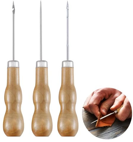 LZZEM Punteruolo da cucito con manico in legno, punteruolo per riparare scarpe all'uncinetto, punteruolo per cuoio o fatto a mano, 3 pezzi