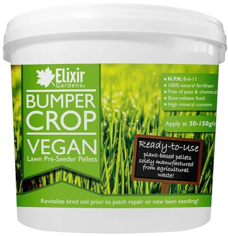 Elixir Gardens Bumper Crop Vegan Pre-Seeder Fertiliser Pellets (N.P.K 8-6-11) | Organic Lawn & Grass Preparation & Soil/Compost Enhancer | 1kg Tub