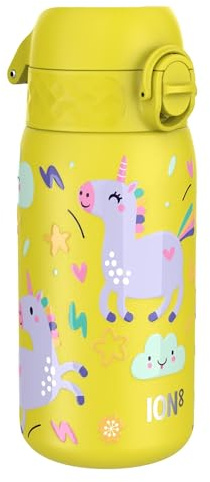 Ion8 Lightweight Steel Kids Water Bottle, 400ml/13oz, Yellow Unicorns | Non-Insulated, Leak Proof, Easy to Open, Secure Lock, Dishwasher Safe, Fits Cup Holders, Carry Handle, Metal Water Bottle
