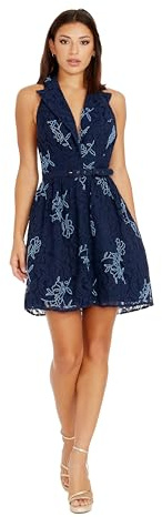 Dress the Population Women's Saxon Floral Beaded Corded Lace, Mini, Fit and Flare, Halter Neck Dress, Navy Multi, Large