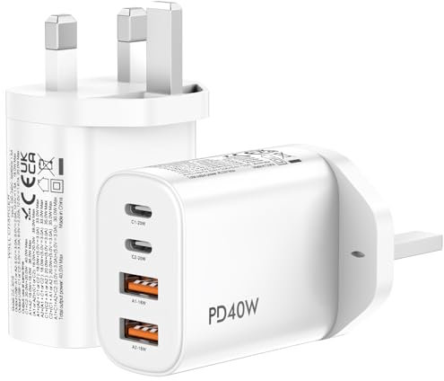 USB C Plug Fast Charge, 2Pack 40W 4Port USB Fast Charger Plug UK Dual Port PD Power Adapter+QC Wall Plug Multi Mains Type C Charging Plug for iPhone 17 16 15 14 13 12 11 Pro Max XS XR 8, Samsung, iPad