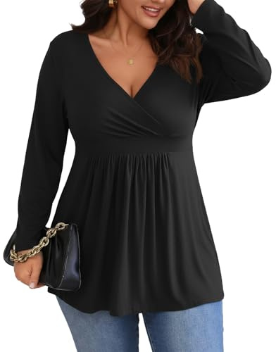 POSESHE Womens Plus Size Black Long Sleeves Tops 2025 Trendy V-Neck Casual Tunic Tops Wrap Shirts Dressy Work Blouses,2XL
