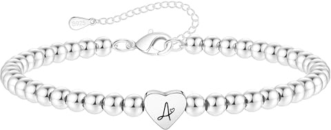 Crownette S925 Silver Bead Bracelet for Women Adjustable Heart Initial Letter Bracelet Birthday Jewellery Gift (A)