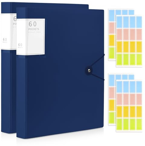 2 Pcs A4 Folder with Plastic Sleeves, 120 Pockets Display Folders with Safety Rope, A4 Presentation Certificate Documents Display Book for School Office Business (Dark Blue)