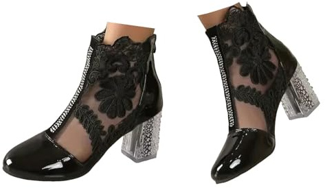 Xbemkste Ankle Boots Women's Short Shaft Boots Elegant Lace Flowers High Heels Mesh Rhinestone Evening Party Bridal Shoes Wedding Shoes Chic Ankle Boots, black, 5 UK