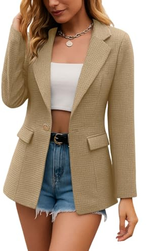 Blazer Femme Classique Chic et Élégant Col à Revers Manches Longues Veste Femme Mi Saison d’Affaires Décontractés Ajustée Automne Cardigan Blazer Court pour Affaires Quotidien, Kaki, M