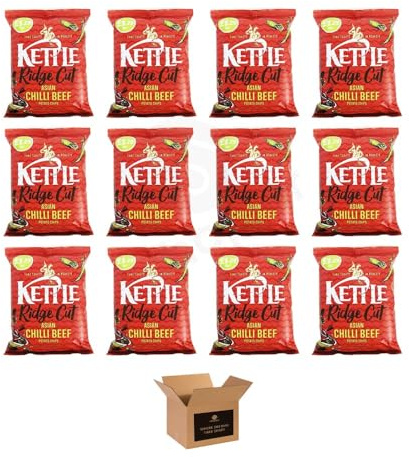 Kettle Chips Variety Flavoured Potato Crisps Snacks – Hand Cooked Thick Cut Crispy | Sea Salt, Balsamic Vinegar & more – Crunchy Vegetarian (Asian Chilli Beef - 80g x 12Pack)