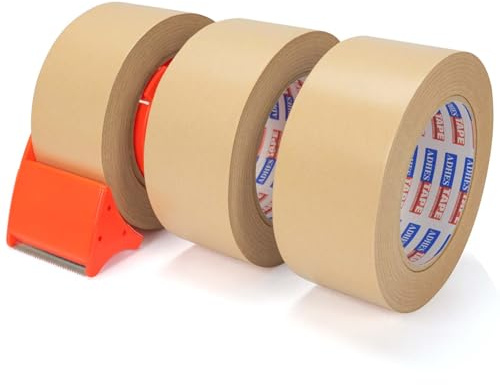 ADHES Laminated Kraft Paper Tape With Cutter 50mm x 50m 3 ROLLS | Brown Kraft Paper, Packing Tape Dispenser Waterproof Coated Resistant To Liquids And Oils, Suitable For Packaging