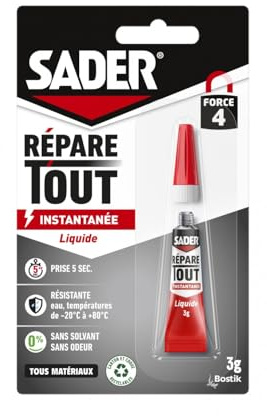 Sader Colle de Réparation Répare Tout Liquide - Colle Extra Forte - Prise Instantanée en 5 secondes - Efficace sur Tous Matériaux - Sans Odeur et Sans Solvants - Transparent - 1 Tubes de 3 g
