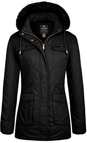 Wantdo Abrigo Cálido Invierno Abrigo Forro Polar Grueso Parka Casual Militar Exteriores Chaquetas Capucha Desmontable Bolsillos Múltiples Mujer Negro XL