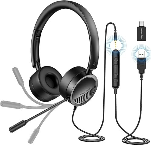 PC Headset mit Mikrofon New Bee USB/3,5mm Business Headset Noise Cancelling & Klare Stereo-Sound für Call Center Office Telefonkonferenzen Skype-Chat Webinar-Präsentationen Online-Kurse und Musik