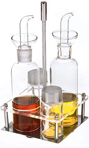 TIENDA EURASIA® Aceitera Antigoteo Cristal - Set 4 Piezas Aceitera, Vinagrera, Azucarero y Salero con Soporte Metálico