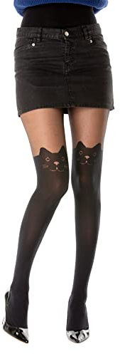 Gi&Gi Collants Fantaisie Femme, Noir, Motif Cœur Mock Over-Knee, Nylon, Semi-Transparent et Opaque, Style Élégant (FR/ES, Alpha/lettres, L, TG, Taille normale, Taille normale, noir avec motif chat)