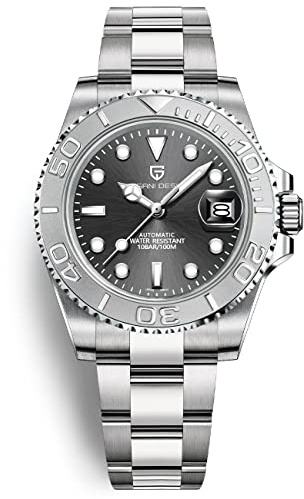 Montre Homme Pagani Design Montre Mécanique Automatique Mouvement Étanche 100M Verre Saphir Lunette Céramique Acier Inoxydable Montre de Plongée PD-1651 Yacht Master(Blanc Gris)