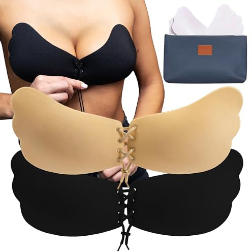 ILLURE® Adhesive Bra Självhäftande push-up-bh [förpackning med 2] Axelbandslös, osynlig, återanvändbar push-up-bh Svart och beige