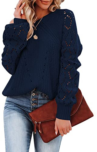 Dokotoo Damen Strickpullover Elegant Rundhals Pullover Langarm Grobstrick Pulli Herbst Winter Oberteile Tops Blau Damenpullover Winterpullover, M