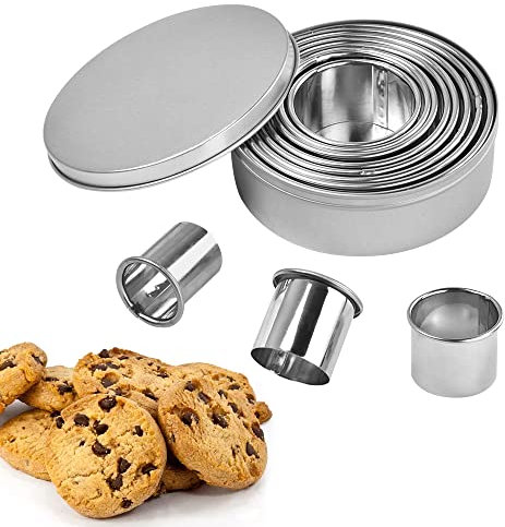 SCHYIDA Cortadores de Galletas Redondas, 11 Moldes Redondos para Galletas y 1 Caja de Almacenamiento Juego de Moldes de Acero Inoxdable para Galletas de 11 Tamaños Aros Cortadores para Repostería