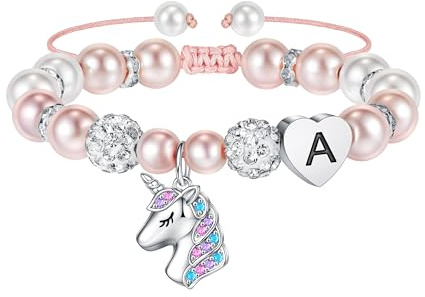 TINGN Unicorn Gifts for Girls - Pink Pearl Rhinestone Balls Heart Initial A Bracelets for Kids Daughter Granddaughter Gift Rainbow CZ Heart Bracelet Birthday Presents Unicorn Gifts for Girls Jewelry