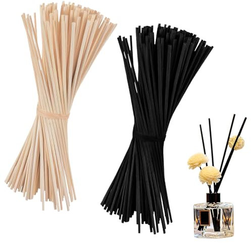VOSSOT 100 Stück Duftstäbchen Schwarz + Natur, Raumduft Stäbchen 20cm x 3mm, Duftstäbe Rattanstäbchen für Raumduft, Reed Diffuser Aroma Diffuser Stäbchen für ätherische Öle im Home Office Hotel Spa