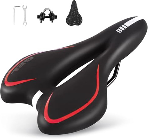 ENJOHOS Sillín Bicicleta de Gel Hombres Mujeres Silla de Bicicleta de Cuero Acolchada Silla de Bicicleta de montaña Profesional Silla de Montar de Bicicleta MTB Cojín de Bicicleta,Negro-Rojo