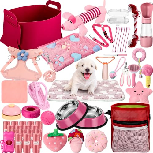 Abbylike Kit de iniciación para Cachorros de 50 Piezas para Perros pequeños, Incluye Correa, Cuencos, cepillos de Dientes, Botella de Agua y más Accesorios para Cachorros, Suministros de Regalo de