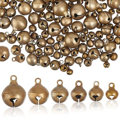 CHGCRAFT 240Pcs Mini Jingle Bell Brass Christmas Bell Charms for Bracelet Necklace DIY Craft Jewelry Making Christmas Festival Decor, Antique Bronze, 8-20mm