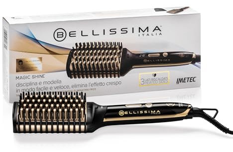 BELLISSIMA IMETEC Magic Shine, Spazzola Elettrica Lisciante, 3 Lati Esterni Riscaldati, Spegnimento automatico, Tecnologia a Ioni, Ceramica, 160 °C - 210 °C
