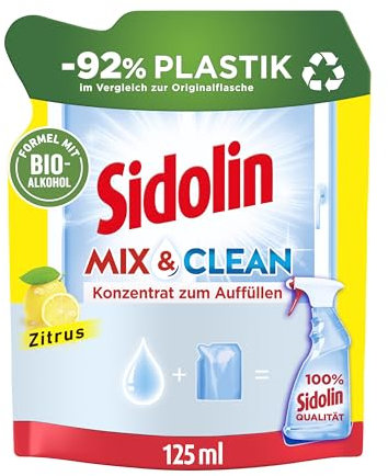 Sidolin Mix & Clean Konzentrat zum Auffüllen Zitrus (125 ml), All in 1 Glasreiniger für Sauberkeit, Glanz & Schutz, Fensterreiniger mit Bio-Alkohol, -92% Plastik im Vergleich zur Originalflasche