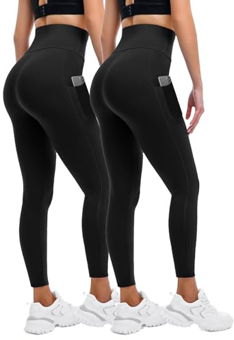 Sanpetix Leggings for Women UK with Pockets, 2 Pack Gym High Waisted Leggings for Workout Running Yoga Black SM