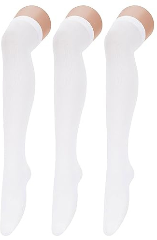 Thigh High Socks 3 Pairs Over the Knee High Socks for Women Thigh High Stockings Triple Stripe Knee High Socks 3 Pairs White One Size