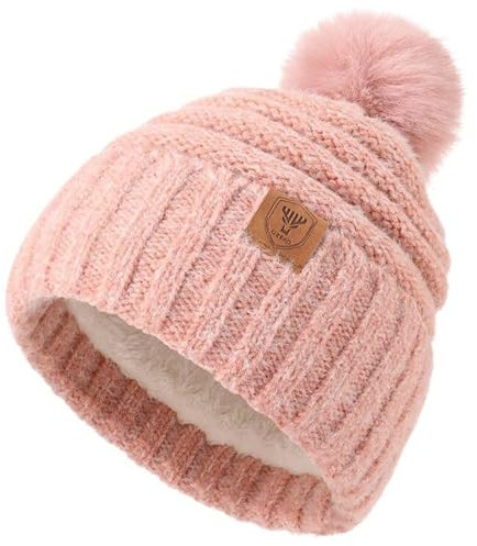 OZERO Damen Wintermütze Haube Strickmütze: Bommelmütze Thermo Fleece Gefütterte Beanie Mütze Wollmützen Mit Kunstfell Pudelmütze Winterkappe (Rosa)