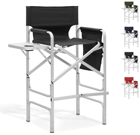 Directors Chair, 31“Tall Foldable Camping Chairs, Folding Aluminum Frame Vanity Chair, Makeup Artist Chair, Portable Camping Chair with Side Table, Cup Holder and Pockets, 250lbs Capacity (Black)