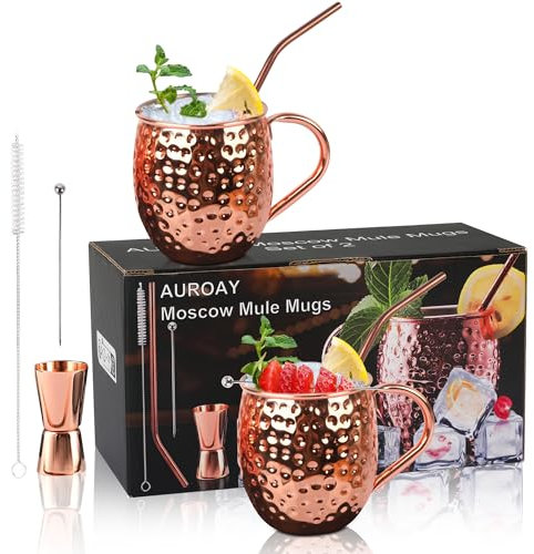 AUROAY 2 SET 550ML Moscow Mule Taza Cobre Set de Vaso Moscow Mule Copas de Cóctel Copper Mug 2 Piezas Copas con 2 Pajitas,2 Palos de Decoración, 1 Jigger,1 Cepillo de Limpieza