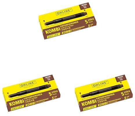 ONLINE Kombi-Tintenpatronen, Universal-Patronen, kompatibel mit allen gängigen Füllern, auch Lamy-Füller, Ersatz-Patronen, Schachtel mit 5 Großraum-Patronen, Farbe: Braun, 17057/12 (Packung mit 3)
