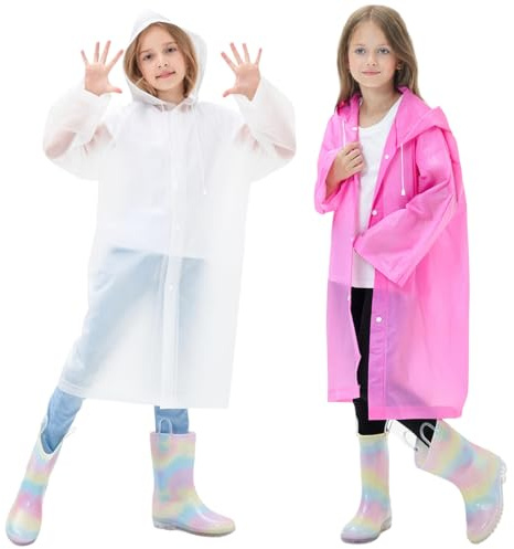 2 Pièces Poncho Pluie Enfant, Cape de Pluie Enfant, Réutilisable Imperméable Poncho Pluie Enfants avec Capuche, Eva Combinaison Pluie enfant, pour Filles Garçons Randonnée Camping Voyages（blanc, rose）