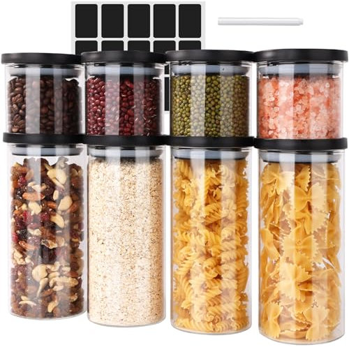 Aevcvok Bocaux en Verre Lot de 8, Pot en Verre avec Couvercle, Bocal en Verre Hermétique Empilable, Bocaux Rangement Cuisine pour Epices, Céréales, Farine, Café - 4x 800ml + 4x 300ml
