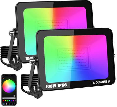 YOJZMA 2 confezione da 100W Faretto LED per esterni con spina, Intelligente RGB fai da te Scene Illuminazione paesaggistica con cambio colore con controllo APP, IP66 Impermeabile per giardini Cortili