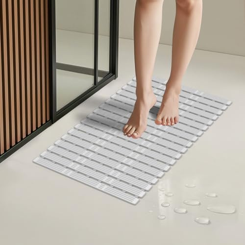 SunnyOcean Shower Mat Non Slip Anti Mould, 68x40cm Non Slip Bath Mats for Inside Shower, Rubber Bathtub Mats, Anti Slip Bathmat with Suction Cups, Cut to Size, Grey