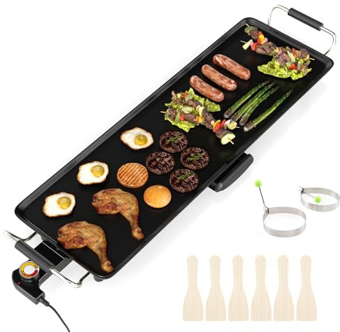 GiantexUK Electric Teppanyaki Grill Table, 1800W Adjustable Temperature BBQ Griddle with Non-Stick Top, Wooden Spatulas & 2 Egg Rings, Easy Clean Barbecue Hot Plate (83 × 24cm, Stamping Aluminum)