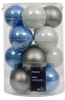 Kaemingk Weihnachtskugeln Glas 8cm 16 Stück - matt & glänzend - Große Christbaumkugeln Weihnachtsbaumkugeln für Weihnachten - Christbaumschmuck & Weihnachtsbaumschmuck - Blau Grau Mix