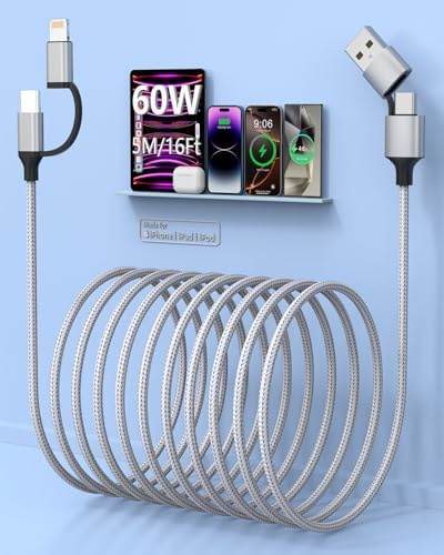 Extra Long iPhone Charger Cable 5M, MFi Certified 4-in-1 Cable 15FT Braided Charging Cord 60W Fast USB-C and Lightning Multi Charger Lightning/Type C/USB A for iPhone 16/15/14, iPad, Samssung, Android