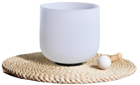 Klangskål i kristall-klangskål i kristall i frostad kvarts vit med not 8 tum, 440/432 Hz för helande meditation, ljudklubba (432 Hz Note D)