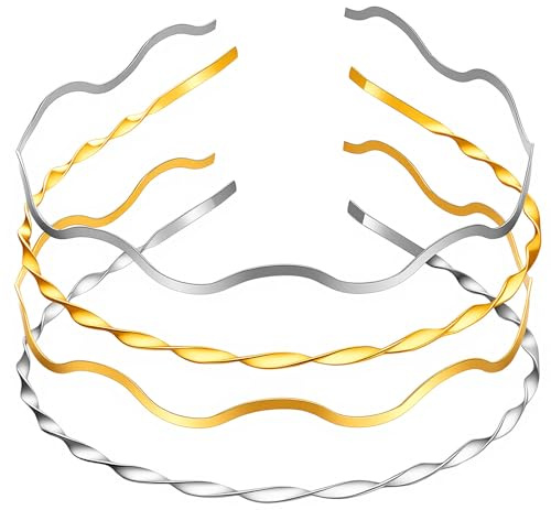 DOPENSPI 4 diademas de metal, diademas onduladas doradas y plateadas, bandas elásticas de metal fino, accesorios para el cabello para mujeres y adolescentes