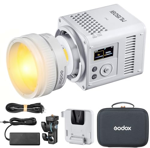 Godox ML150Bi LED Video Light Bi-Color, 61054Lux@1m, 2800K-6500K, CRI96 TLCI96+, APP/NFC/DMX, Godox Mount, with Zoom Reflector & V-Mount Adapter for photography, filmmaking (Batteries sold separately)