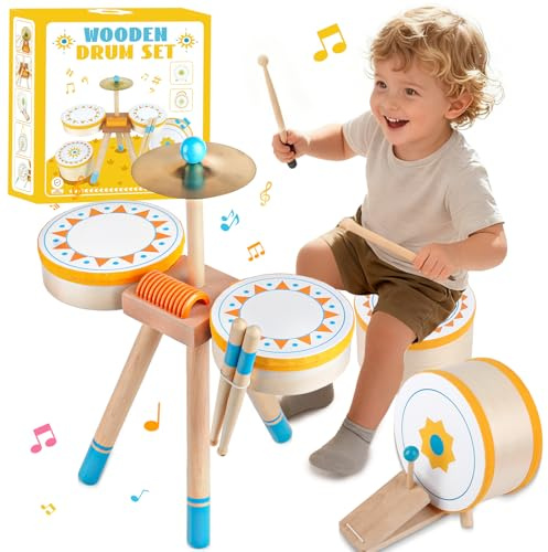 Tamburo Montessori per Bambini 1+ Anno | Set di Tamburi Educativi in Legno per Bambini 1-3 Anni | Strumenti Musicali per Neonati, Regalo Perfetto per Compleanno/Natale per Ragazzi e Ragazze