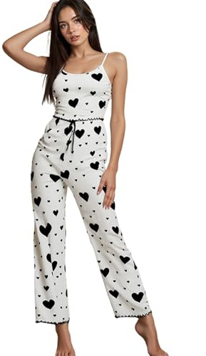 InfiniZer 2 Pieces Pyjamas For Women Cute Heart Printed Womens Pyjamas Set Sleeveless Cami Top & Long Pants Soft Comfortable Ladies Lounge Wear Sets (UK, Alpha, M, Regular, Regular, Black + White)